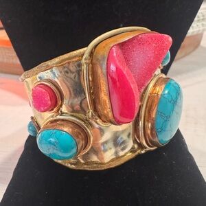 Gold and Turquoise Cuff Bracelet with Pink Accents